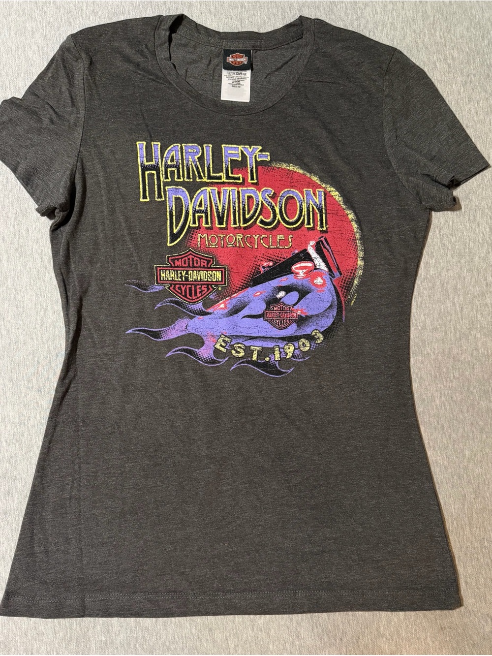 Harley-Davidson Women's Charcoal Graphic Tee - Purple & Red Logo Size M